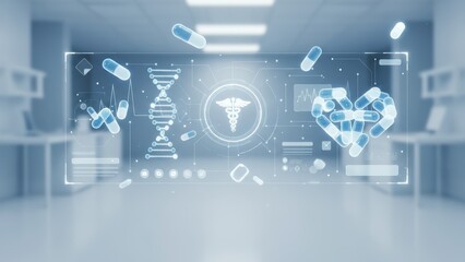 Holographic Medical Interface with Pills and DNA. Ai generation