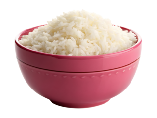 Bowl of yellow rice in a pink asian bowl isolated on a white or transparent background.