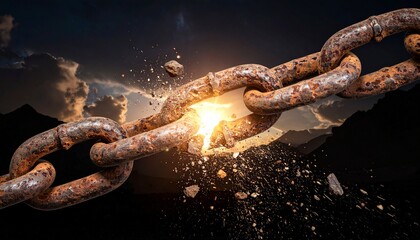 Rusted chain breaking apart with explosive force in dark landscape