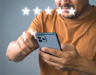 Man giving five-star rating on smartphone review