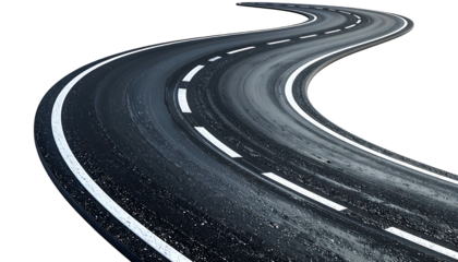 A curving asphalt road with white lane markings against a black background