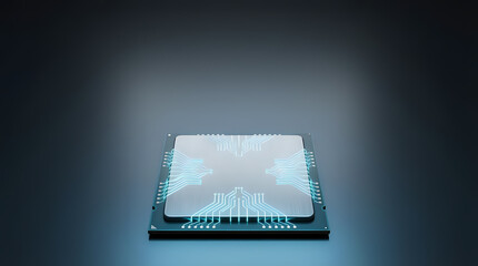 Close-up of a computer microchip with glowing blue circuits on a dark background