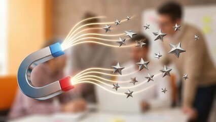 Magnet attracting stars in office setting. Ai generation