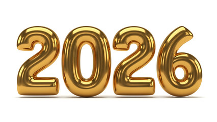 Golden balloons in the shape of 2026 on white background