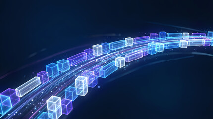 Futuristic glowing cubes in motion on dark background