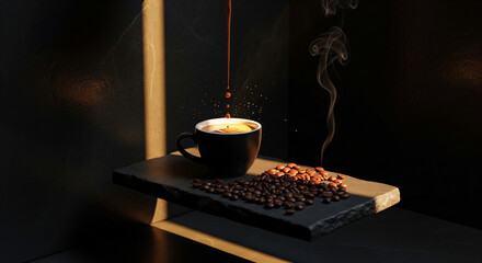 A dark scene with coffee beans on a wooden board and a cup of coffee being poured