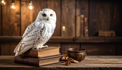 Majestic white owl perched on old books with golden eyes