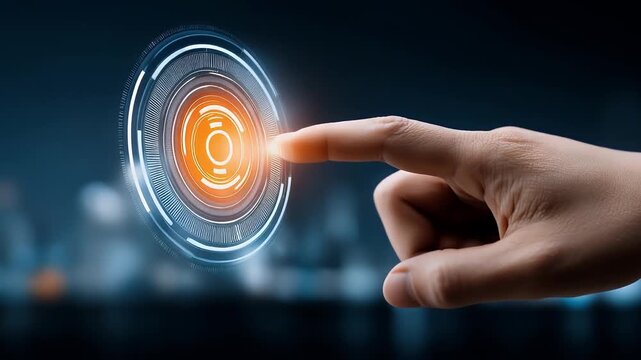 Futuristic hand finger touch digital interface technology innovation virtual screen advanced interaction glowing orange circle modern user experience cyber concept