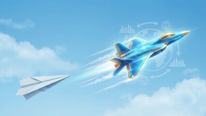 Futuristic Jet and Paper Plane in Sky. Ai generation