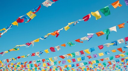 Colorful prayer flags flying high in the clear blue sky