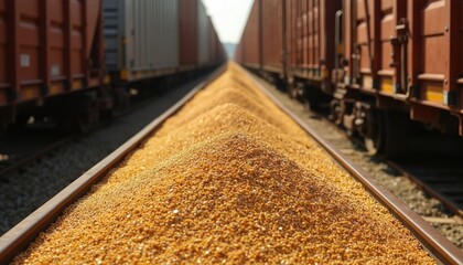Train cars loaded with bulk yellow grain sit on railroad tracks. Cargo containers and hopper cars extend into distance. Agricultural commodity transport.