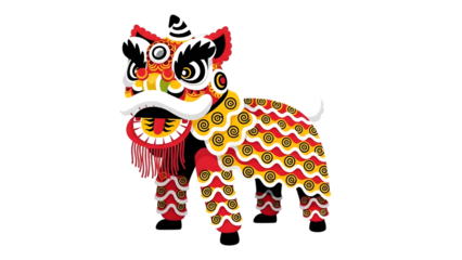 A colorful lion dance costume on isolated transparent background for chinese new year festival celebration