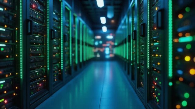 Data Center Servers in Futuristic Neon Lighting with Green Accents in Modern Data Storage Facility for Cloud Computing
