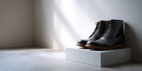 Pair of black leather boots with wooden soles displayed on a minimalist stone pedestal against a plain white wall with soft natural light