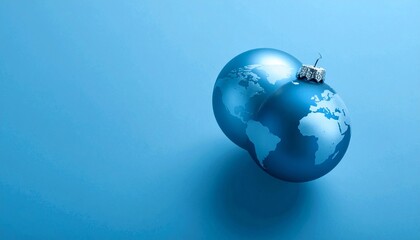 Blue globe Christmas ornament with silver cap on blue background
