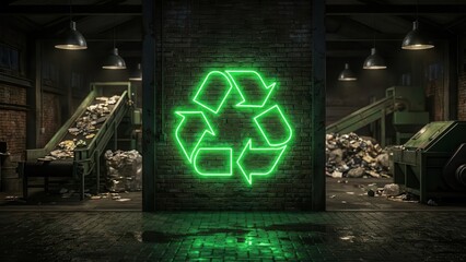 Neon Recycling Symbol in Industrial Setting. Ai generation