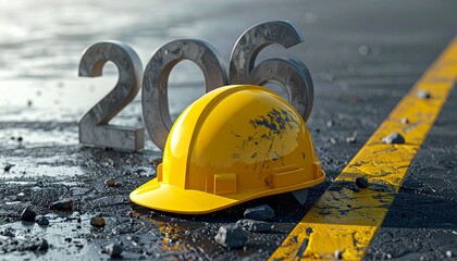 Vibrant yellow hard hat on construction site with 2026 numbers