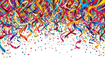 Colorful streamers and confetti falling on white background