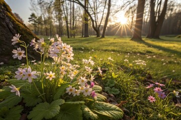 Delicate wildflowers bloom in a sun-dappled forest clearing during a tranquil spring morning.