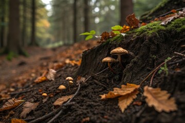 Tiny mushrooms sprout from rich dark forest soil surrounded by fallen autumn leaves and moss