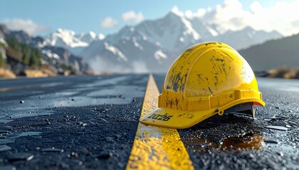 Yellow hard hat on wet road with snowy mountains