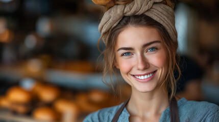 Smiling Young Woman in Rural Bakery - Natural Beauty and Cheerful Vibes Amidst Fresh Bread