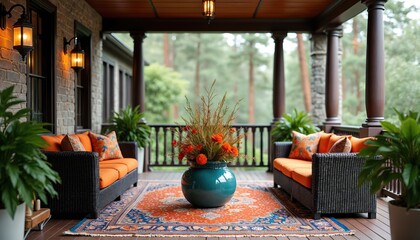 Cozy porch features wicker sofas with orange cushions, ornate rug, potted plants, and floral arrangement. Evening lamps cast warm glow. Idyllic outdoor relaxation space.