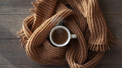 Cozy moment with a cup of coffee and knitted scarf
