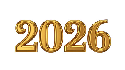 Golden 3D shiny numbers 2026 on white background, new year concept