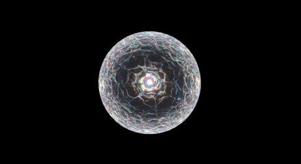 Crystalline sphere exhibits internal light emission against a dark backdrop