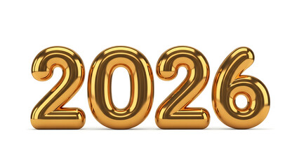Golden 3D inflated numbers 2026 on white background, shiny and reflective
