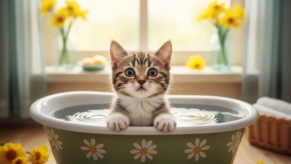 Adorable Tabby Kitten Relaxing in a Bowl of Water With Flowers, Capturing a Sweet Moment of Pet Care at Home