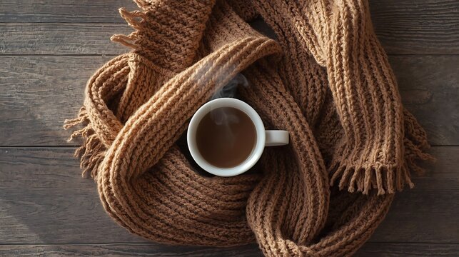 Cozy moment with a cup of coffee and knitted scarf