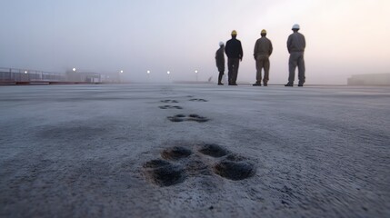Paw prints on a frosty industrial ground at dawn with workers in the background shrouded in fog