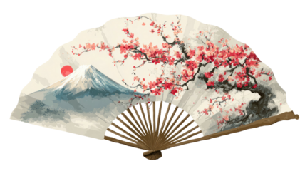 Traditional Chinese and Japanese folding paper fans are oriental hand accessories with beautiful patterns on wood, serving as an open summer wind object and cultural souvenir