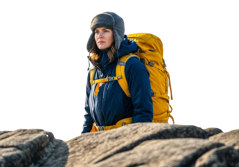 Woman hiker with backpack on rocky terrain, clear sky