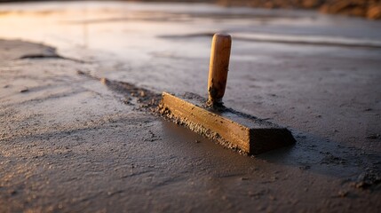 Close up of a wooden trowel smoothing wet concrete during the golden hour