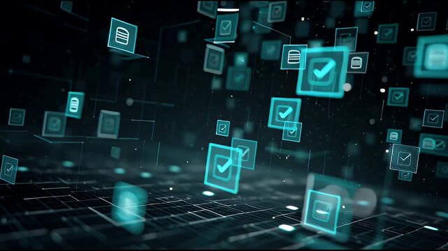Advanced Cyber Interface Ignites with Secure Data Validation and Processing, Featuring Glowing Digital Checkmarks and Document Icons Across a Dynamic Network