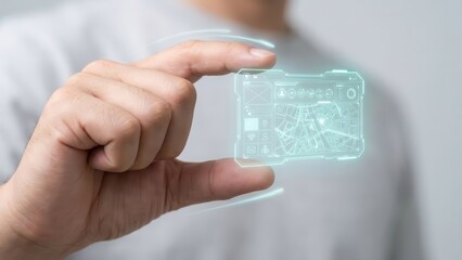 Futuristic holographic map interface held by fingers. Ai generation