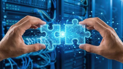 Hands Connecting Digital Puzzle Pieces. Ai generation