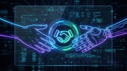 Human and Robot Handshake in Digital Interface. Ai generation