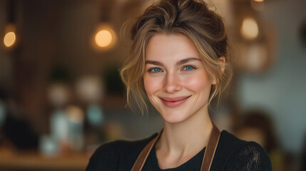 Smiling Female Barista Portrait in Cozy Caf&eacute;: Joyful and Engaging Young Adult in Trendy Fashion with Professional Customer Service and Positive Vibes