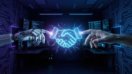 Human and Robot Handshake in Digital Space. Ai generation