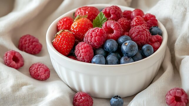 A white bowl filled with strawberries, raspberries, and blueberries on a beige fabric background - Powered by Adobe