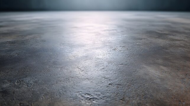 A detailed close up view of a textured grey concrete floor with visible trowel marks and a soft atmospheric background