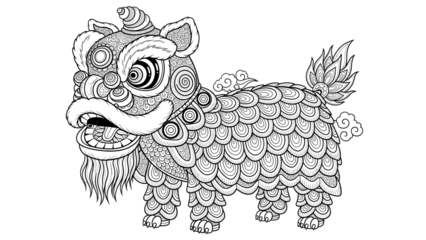 Black and white illustration of a chinese lion dance creature on transparent background