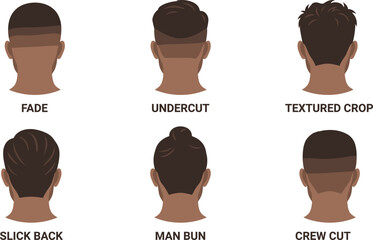 Back-view icon set of six labeled men’s hairstyles including fade, undercut, crop, slick back, man bun, and crew cut