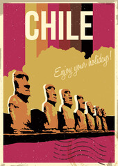 Main Chile Attraction Postcard, Rapa Nui Easter Island Statues Moai. Retro Postcard Style Illustration. 1970s - 1980s Color Lines, Grunge Texture Frame