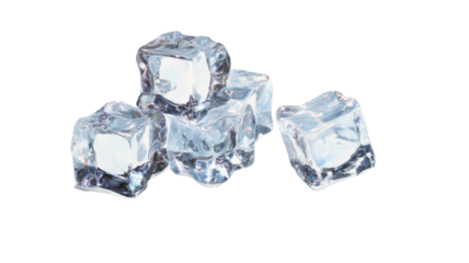 Clear blue ice cubes isolated on a white background show melting transparent liquid drops and fresh frozen reflections for a cool drink