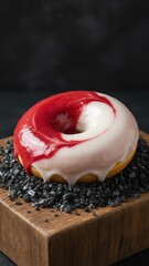 Red and White Glazed Donut on Wooden Board. Ai generation